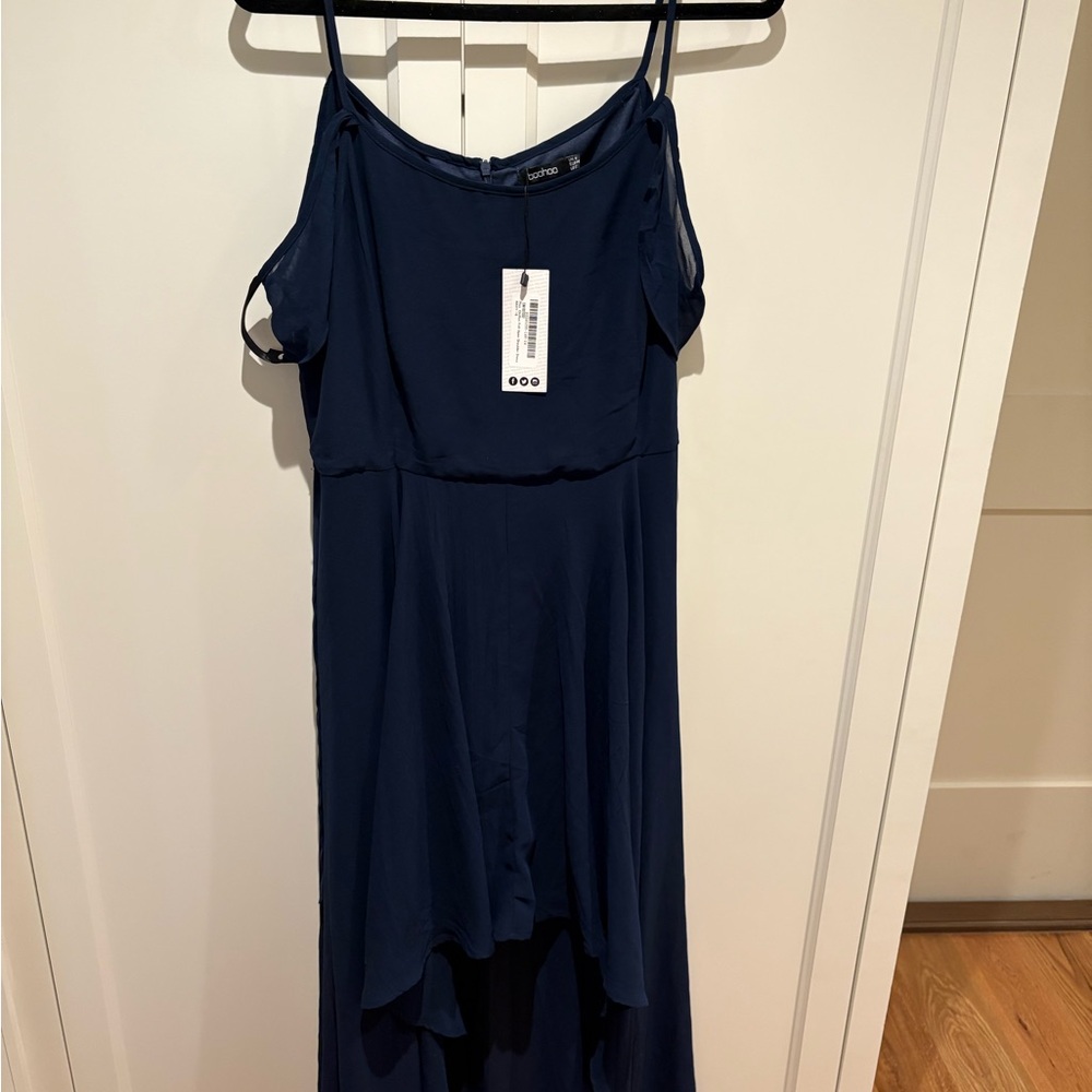 Boohoo Blue High-Low Chifron Frill Open Shoulder Dress